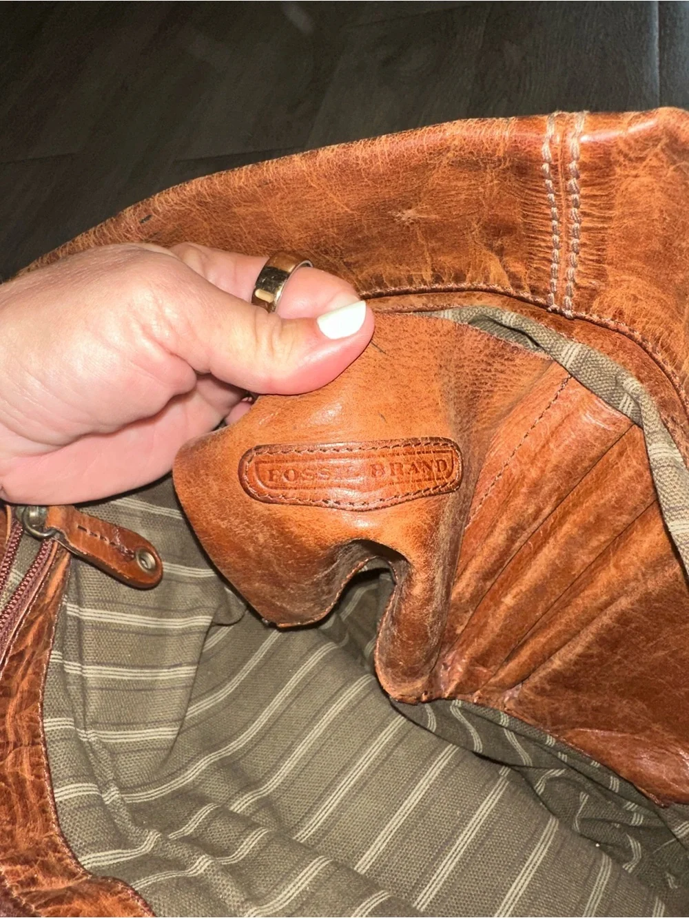 Vintage Fossil Brand Distressed Cognac Brown Leather Satchel Shoulder Bag Purse